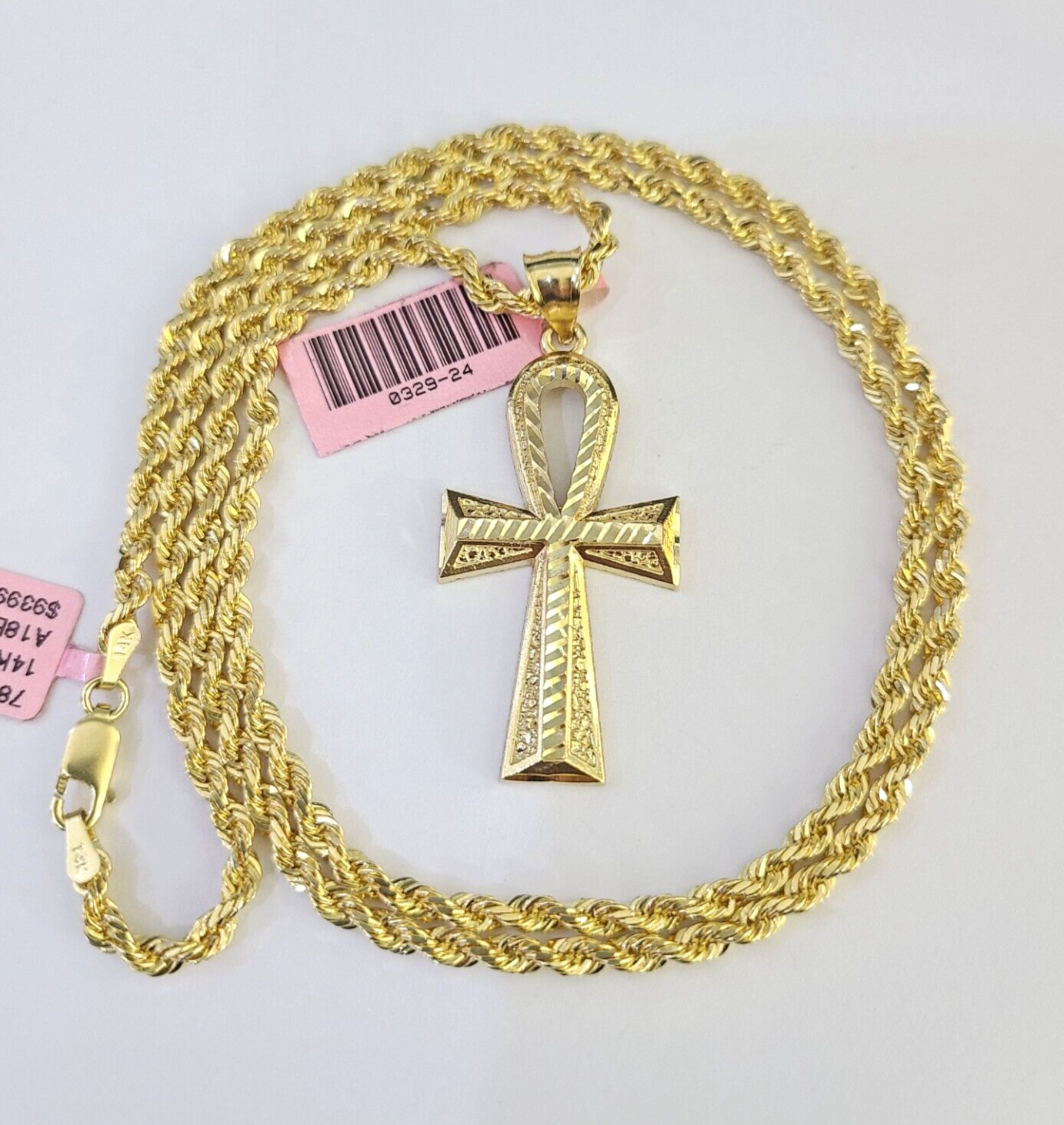 Real 14k Solid Rope Chain Jesus Ankh Cross Charm Set 3mm 18"-26" Necklace Gold